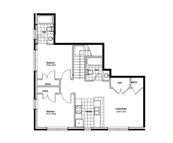 Contemporary L-shaped apartment floor plan with 2 bedrooms, kitchen, living room, and 2 bathrooms.