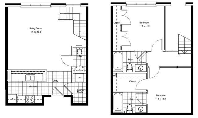 Modern two-level floor plan featuring spacious living room, well-equipped kitchen, two cozy bedrooms, and convenient bathrooms.