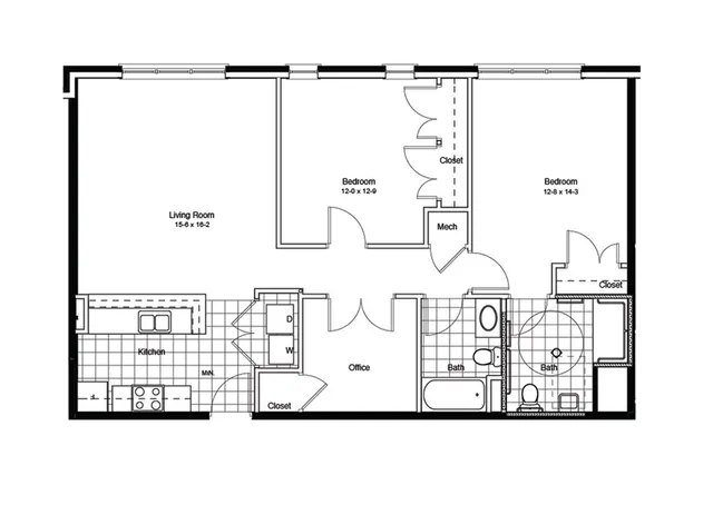 Spacious apartment floor plan with two bedrooms, office, and open living area.