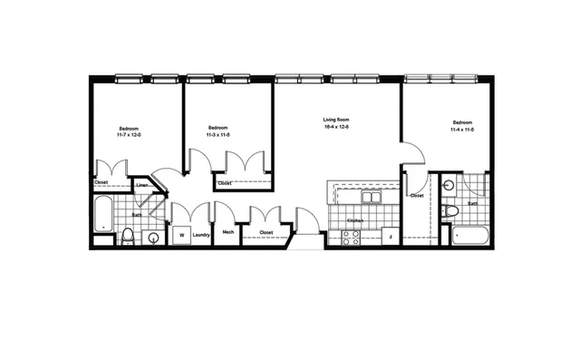 Floor plan showcasing three-bedroom apartment with large living room, modern kitchen, and two bathrooms.