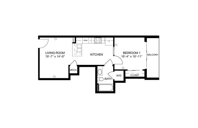 Modern apartment floor plan with one bedroom, spacious living room, kitchen, and balcony.