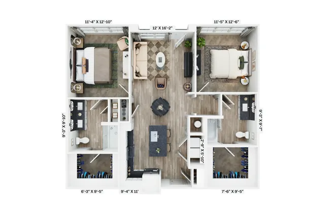 Elegant 2D floor plan featuring two bedrooms, open living area, and modern kitchen layout.