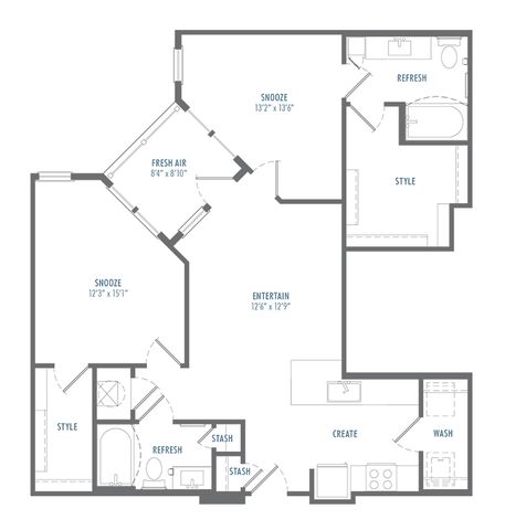 Inviting 2D floor plan with two bedrooms, a versatile entertaining space, and a modern kitchen.