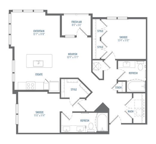 Contemporary floor plan with 3 bedrooms, large living area, and modern kitchen.
