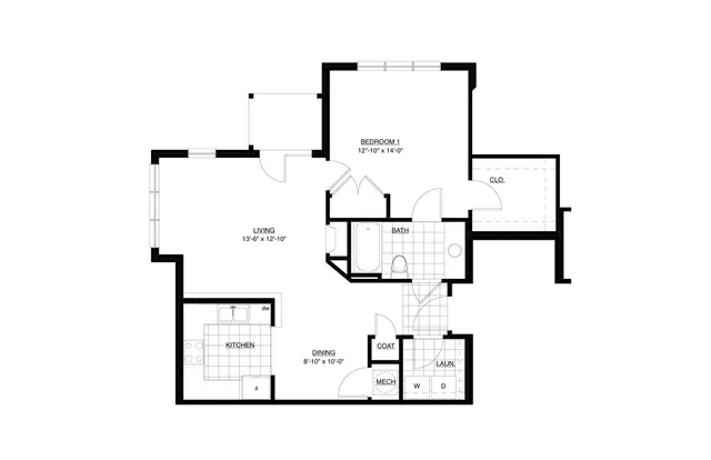 Modern floor plan featuring a spacious living room, one bedroom, and a functional kitchen with dining area.