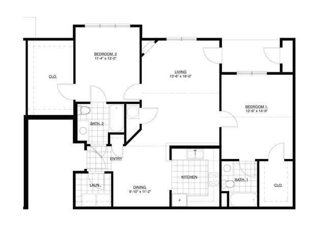 Sophisticated floor plan featuring 2 bedrooms, spacious living room, modern kitchen, and 2 bathrooms.