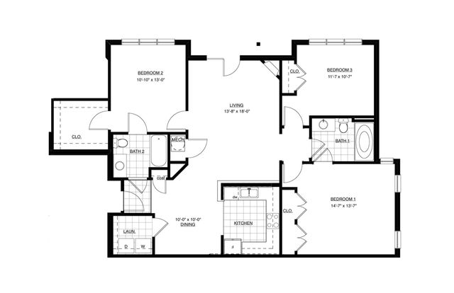 Elegant 2D floor plan featuring 3 bedrooms, modern kitchen, open living area, and 2 bathrooms.