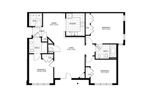 Detailed 2D floor plan with three bedrooms, an open living area, and a modern kitchen.