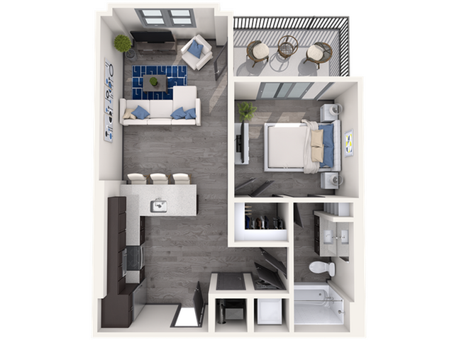 Contemporary 1-bedroom apartment floor plan with open living area and balcony.