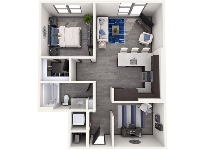 3D floor plan of a modern apartment with a bedroom, open living area, kitchen, and home office.