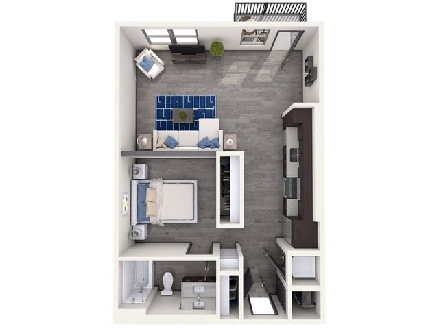 3D floor plan of a stylish one-bedroom apartment with a spacious living area and modern kitchen.