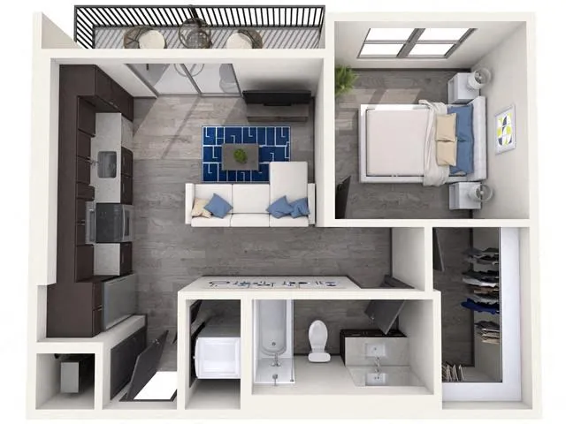 Contemporary 3D floor plan highlighting a seamless one-bedroom layout with an open kitchen and cozy living room.