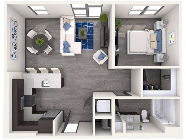 Contemporary apartment floor plan featuring an open living area, stylish kitchen, and cozy bedroom.