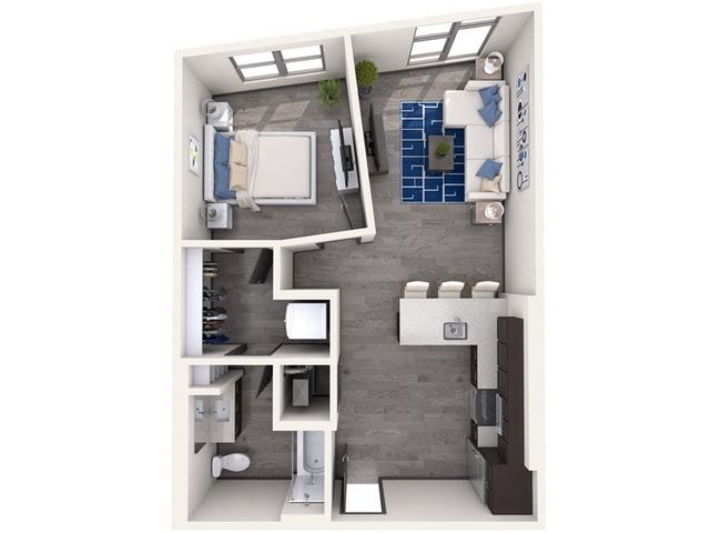 Sleek 3D floor plan of a one-bedroom apartment with open living area and modern kitchen.