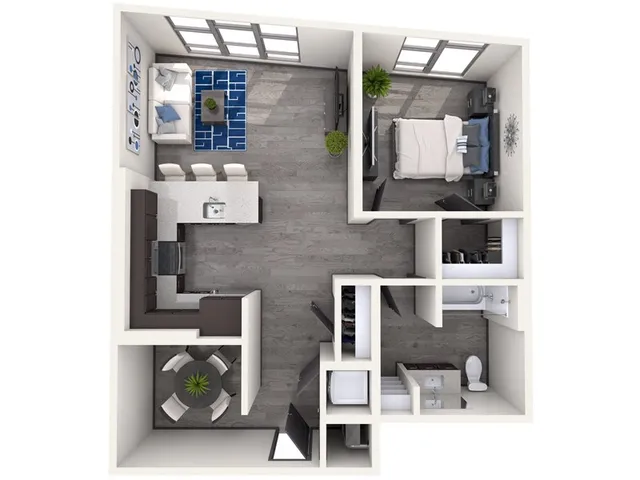 3D floor plan of a contemporary one-bedroom apartment with an open living area, kitchen, and bathroom.