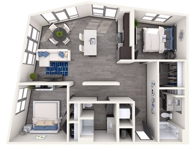 Contemporary 2D floor plan highlighting two bedrooms, a bright living area, and a stylish kitchen with island.