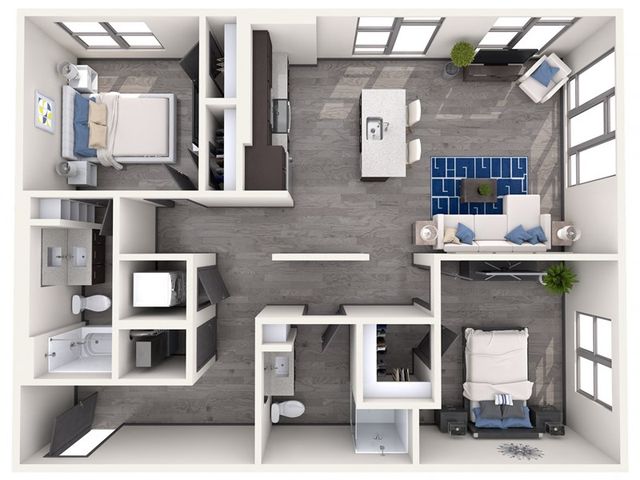 Modern 3D floor plan featuring two bedrooms, a bright living area, and an open-concept kitchen.