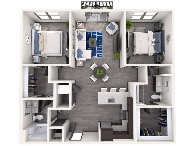 Elegant 2D floor plan featuring two bedrooms, a modern kitchen, and a cozy living room.