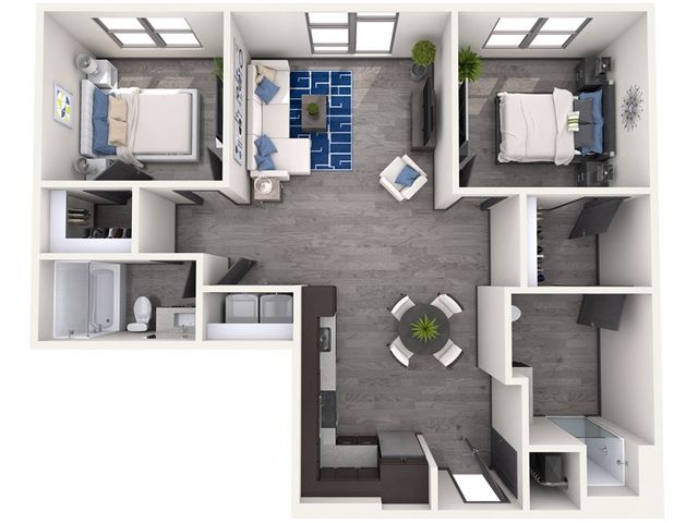 Modern 3D floor plan with 2 bedrooms, open living area, and stylish kitchen and bathroom.