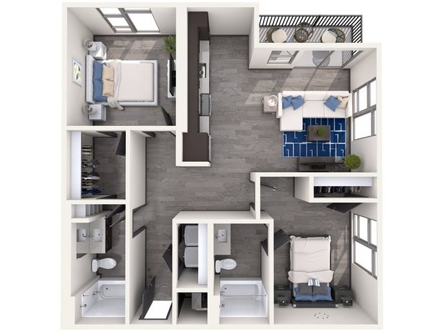 Contemporary 3D floor plan with two bedrooms, stylish living room, and modern kitchen.