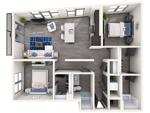Elegant 3D floor plan showcasing 2 bedrooms, open living area, and modern kitchen layout.