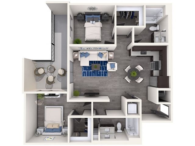 Modern 2D floor plan highlighting 2 bedrooms, open living space, and sleek kitchen with balcony access.