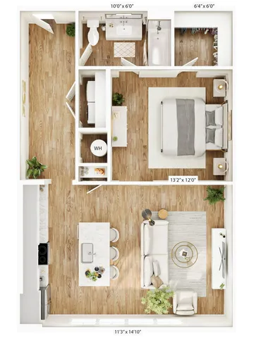 Efficient floor plan featuring a spacious bedroom, elegant bathroom, modern kitchen, and inviting living area.