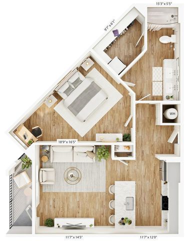 Contemporary one-bedroom floor plan with open-concept living room, modern kitchen, and balcony.