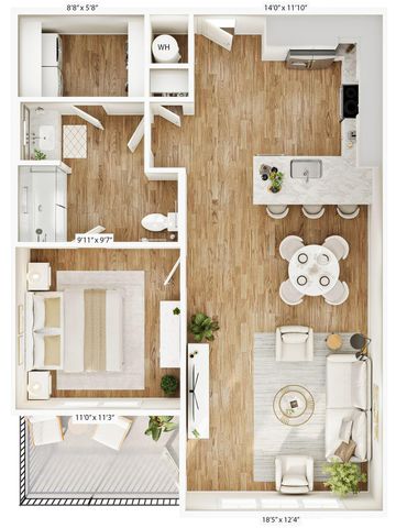 Chic 2D floor plan featuring 1 bedroom, an elegant open-concept kitchen and living space, complete with a small balcony.
