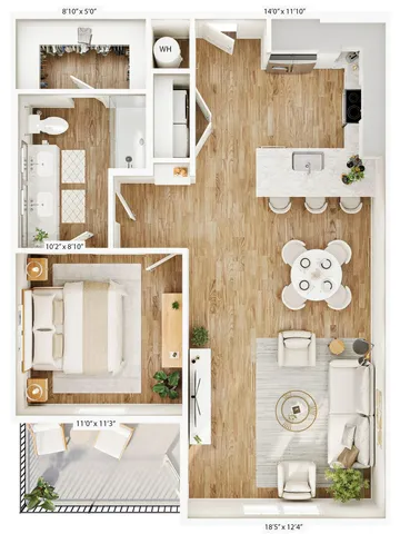 Modern 2D floor plan featuring one bedroom, a spacious living room, a sleek kitchen, and an elegant bathroom.
