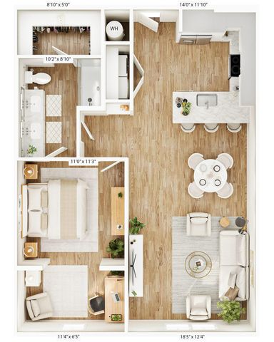 Elegant 2D floor plan featuring 1 bedroom, open kitchen with breakfast bar, spacious living room, and bathroom with dual sinks.
