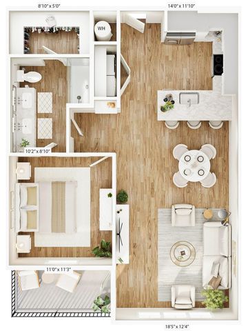 Elegant 2D floor plan with a spacious bedroom, a modern open-concept kitchen, and a cozy living area.