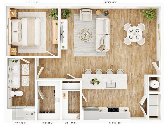 Stylish floor plan showcasing a spacious one-bedroom apartment with an open living area, dining space, and modern kitchen.