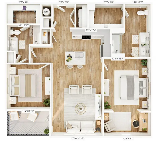 Chic 2D floor plan with 2 bedrooms, open living space, and modern kitchen detailing.