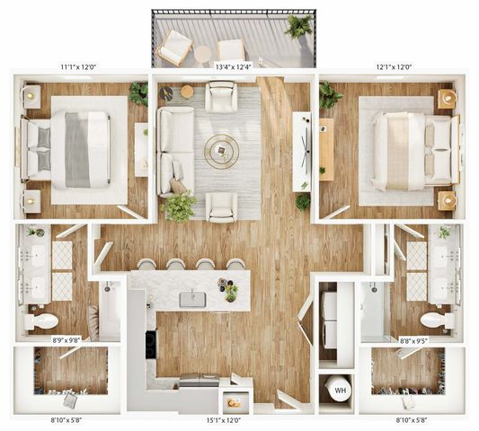 Chic floor plan displaying 2 bedrooms, stylish living room, and modern kitchen with breakfast bar.