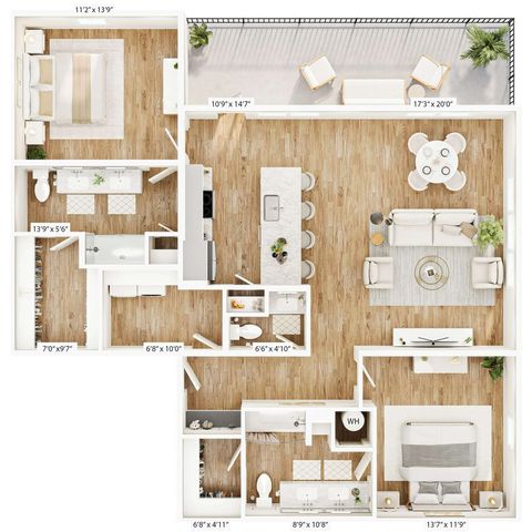 Elegant 2D floor plan featuring 2 bedrooms, open-concept living area, and a stylish kitchen.