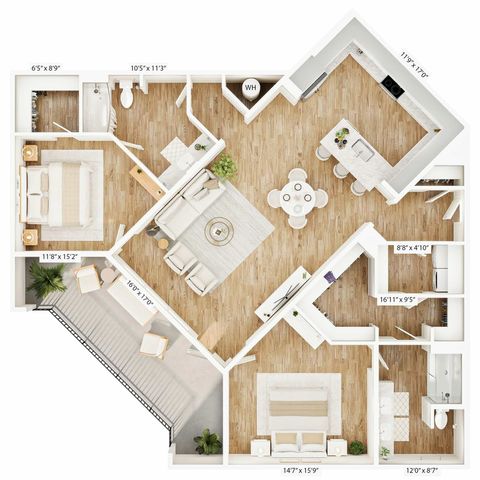 Elegant floor plan displaying 2 bedrooms, a spacious open-concept living area, modern kitchen, and inviting balcony.