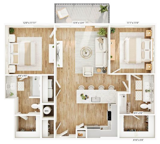 Elegant 2D floor plan with 2 bedrooms, open living area, modern kitchen, and balcony.