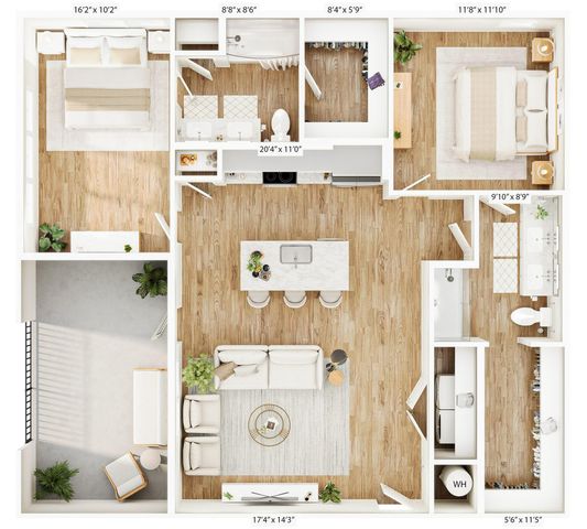 Elegant 2-bedroom floor plan with open-concept living area and stylish kitchen.