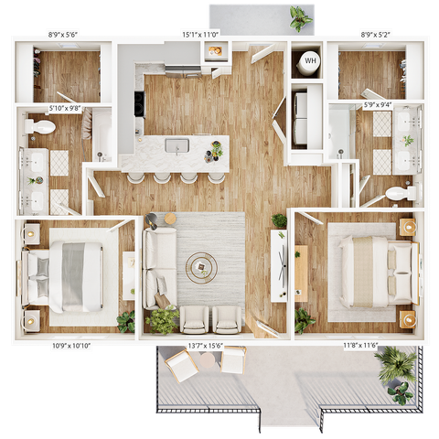 Elegant floor plan featuring two bedrooms, an open-concept kitchen, and spacious living area with balcony access.