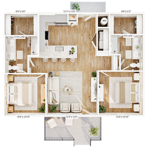 Chic 2D floor plan with two bedrooms, open-concept kitchen and living area, and two bathrooms.