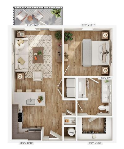 Sleek 2D floor plan featuring a one-bedroom apartment with a modern kitchen, cozy living room, and spacious balcony.