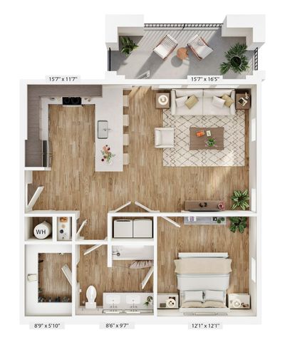 Elegant floor plan showcasing a spacious living area, modern kitchen, bedroom, and balcony.