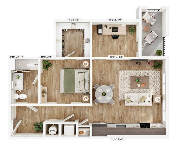 Charming 2D floor plan showcasing a 1-bedroom apartment with open living area, kitchen, balcony, and workspace.