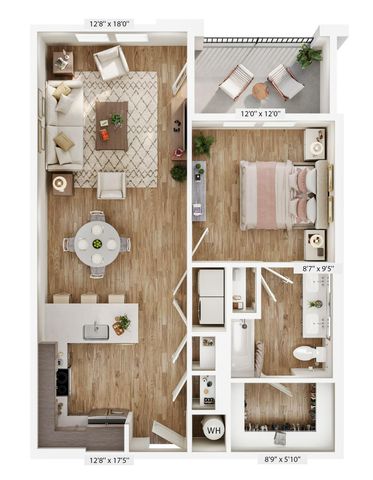 Chic 3D floor plan showcasing a one-bedroom apartment with an open living area, modern kitchen, and private balcony.