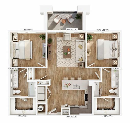 Spacious 2D floor plan with 2 bedrooms, a stylish living area, and a modern kitchen.