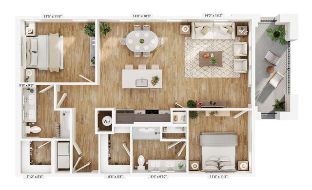 Spacious 3D floor plan with 2 bedrooms, open living-dining area, modern kitchen, and balcony.