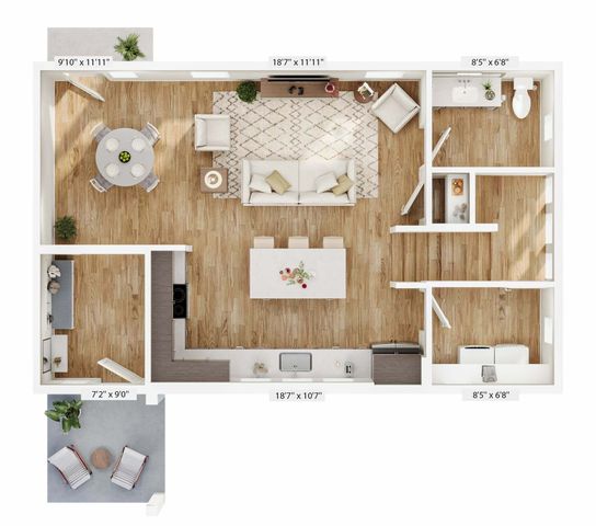Open-concept apartment floor plan with spacious living area, modern kitchen, and private balcony.