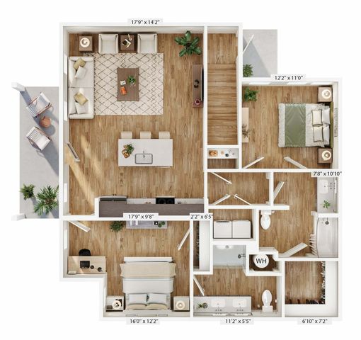 Elegant floor plan featuring 2 spacious bedrooms, an open-concept living and dining area, modern kitchen, and two bathrooms.