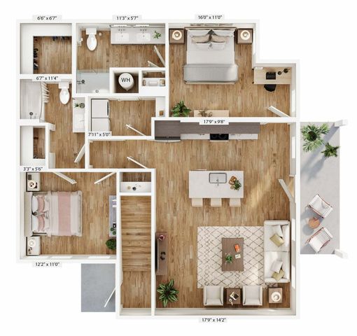 Beautiful 3D floor plan illustrating 2 bedrooms, an open kitchen, and a cozy living area with a balcony.